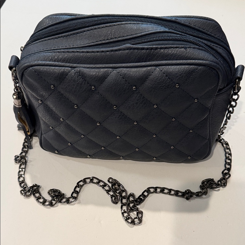 Navy Blue Quilted Chain Crossbody Bag - Unbranded